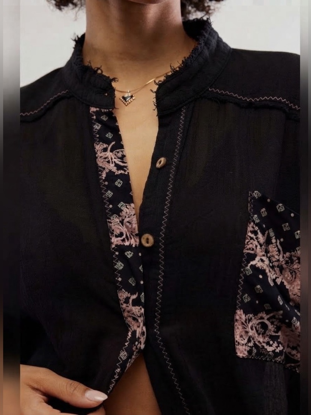 Free People Hold On To Me Black Floral Button Down Tunic Top Sz S NWT